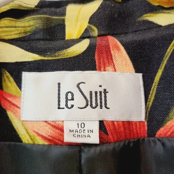Le Suit Suit Coat Blazer Jacket Black Red Yellow Floral Linen Blend Womens 10 - Picture 5 of 7